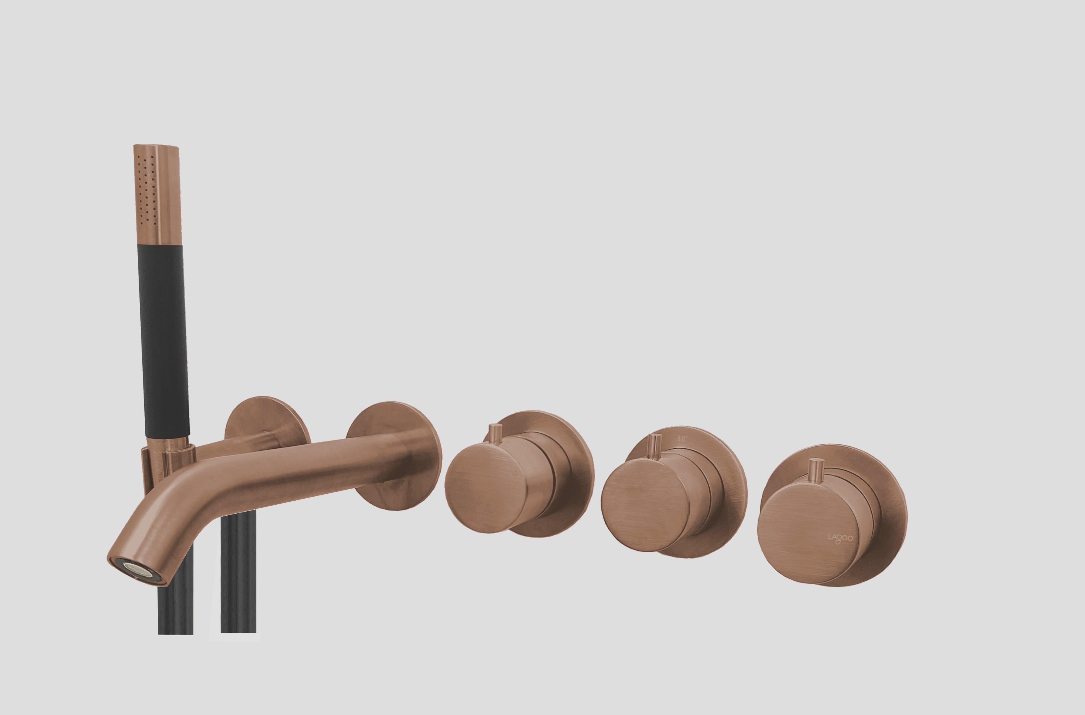 Lagoo inbouw bad thermostaat Tripple7  met uitloop. 2-weg omstel en handdouche G3207BK Brushed Copper PVD