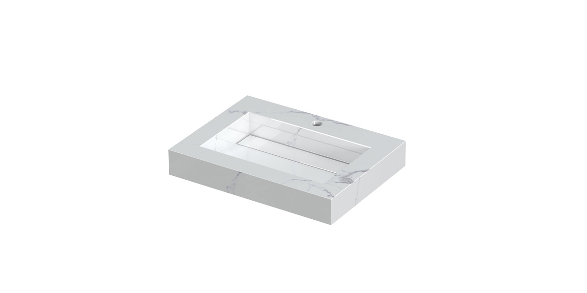 INK Pitch wast. keramische slab bak m. drain + front + side skirts 1 krgt. H90xB600xD450 Statuario glans / 210313