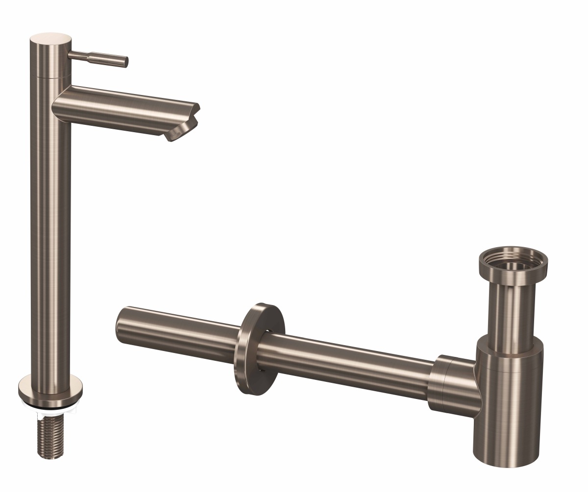 INK set 2B fonteinkraan staand hoog en design sifon 9902445 Brushed nickel