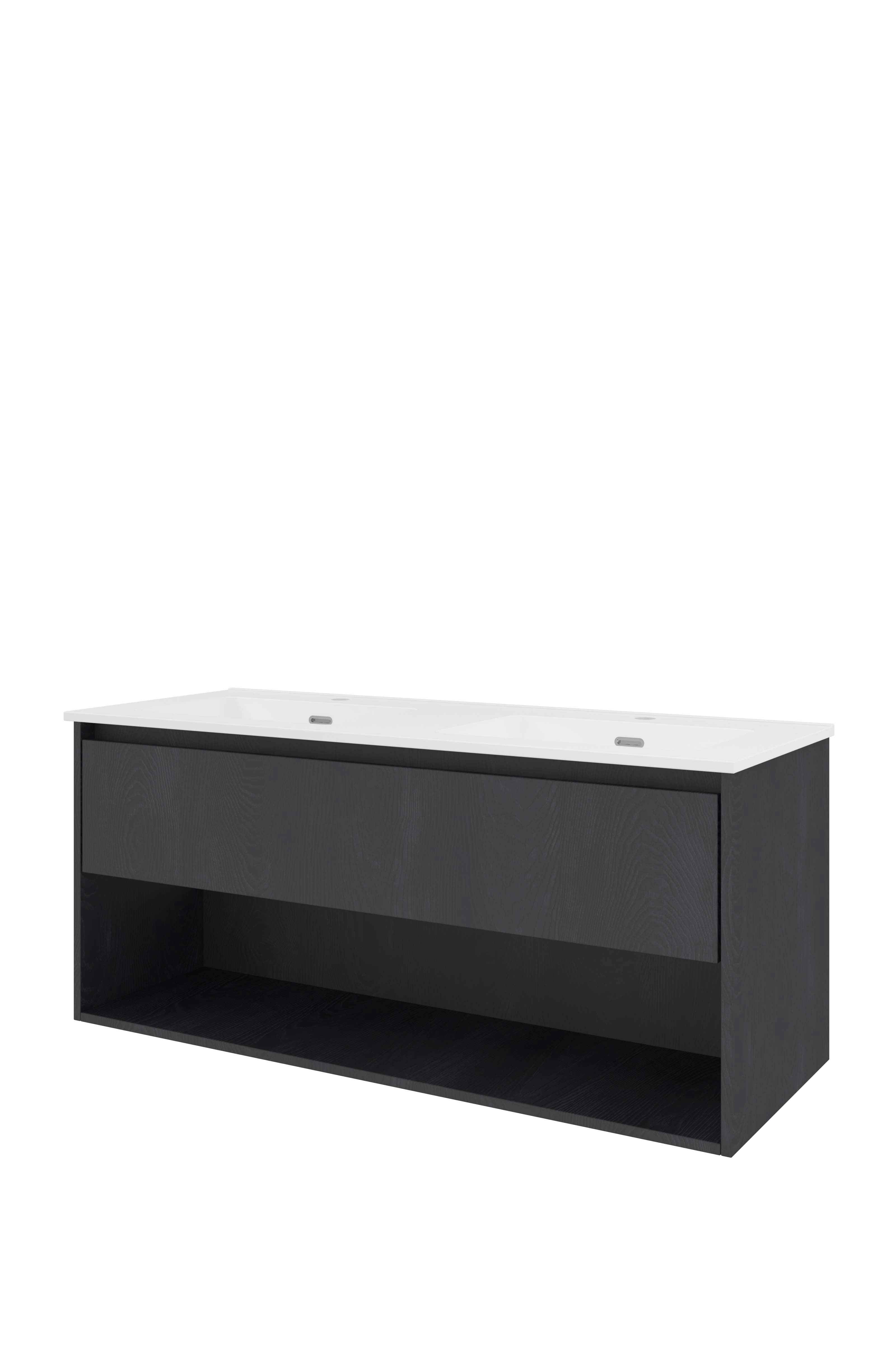 Proline Set porselein Elegant wast. dubbel met 2 kr.gaten en onderkast met schap 1815074 Black oak/Glans wit 1200x460x540
