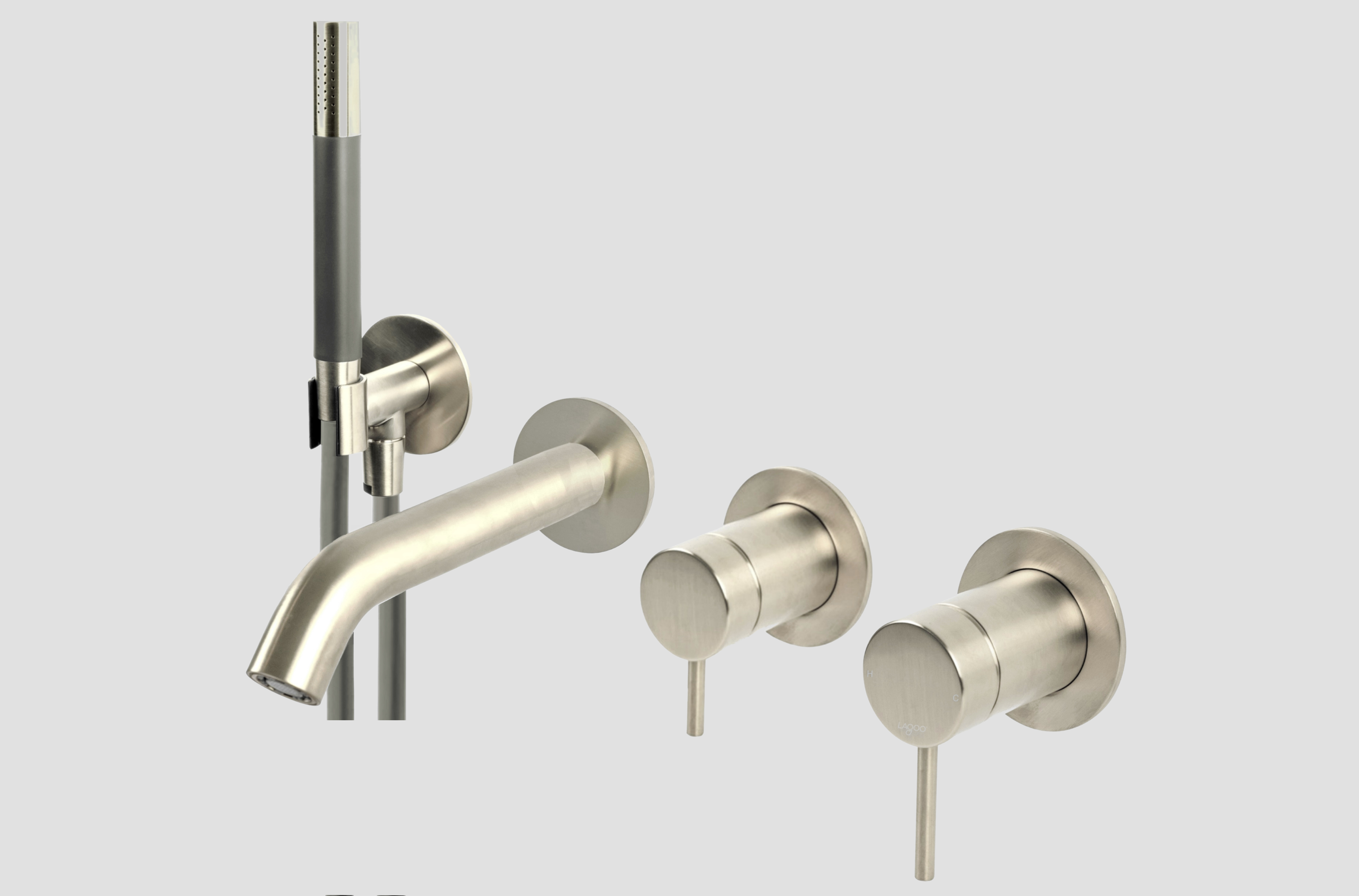 Lagoo Garda inbouw douche/badmengkraan afb.deel met omstel handd. staaf en doucheslang G3206BN Brushed Nickel