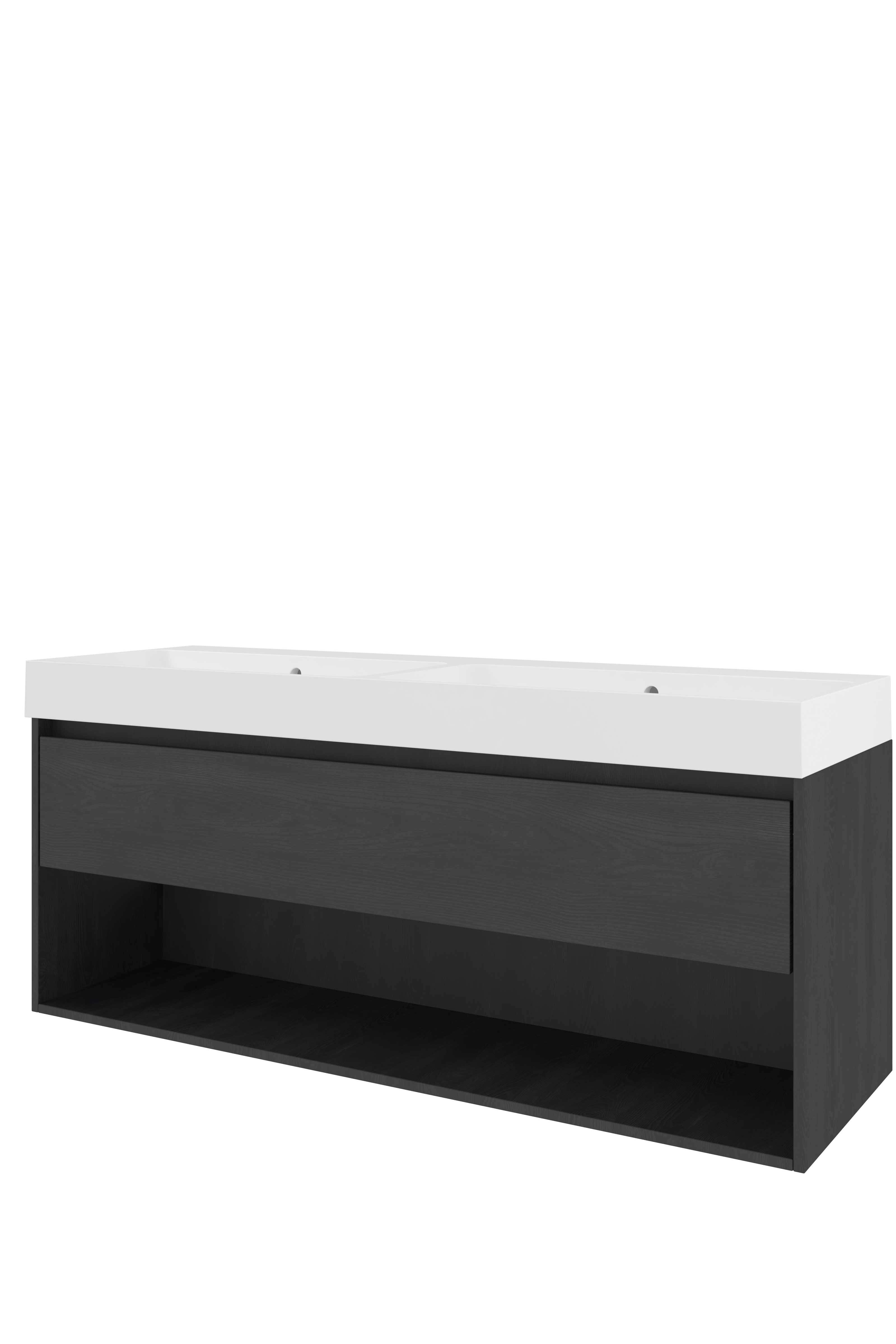 Proline Set polystone Loft wast. z. krgt. en onderkast met schap 1817634 Black oak/Glans wit 1400x460x620