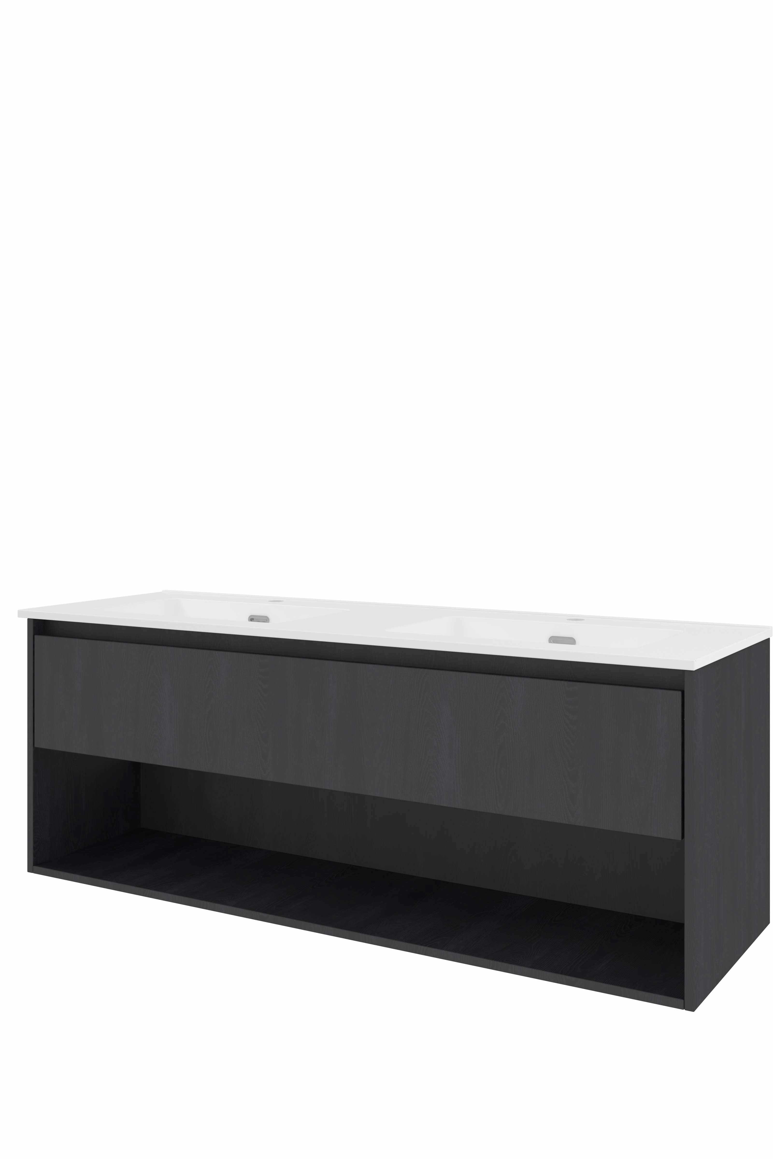 Proline Set porselein Elegant wast. dubbel met 2 kr.gaten en onderkast met schap 1817404 Black oak/Glans wit 1400x460x540