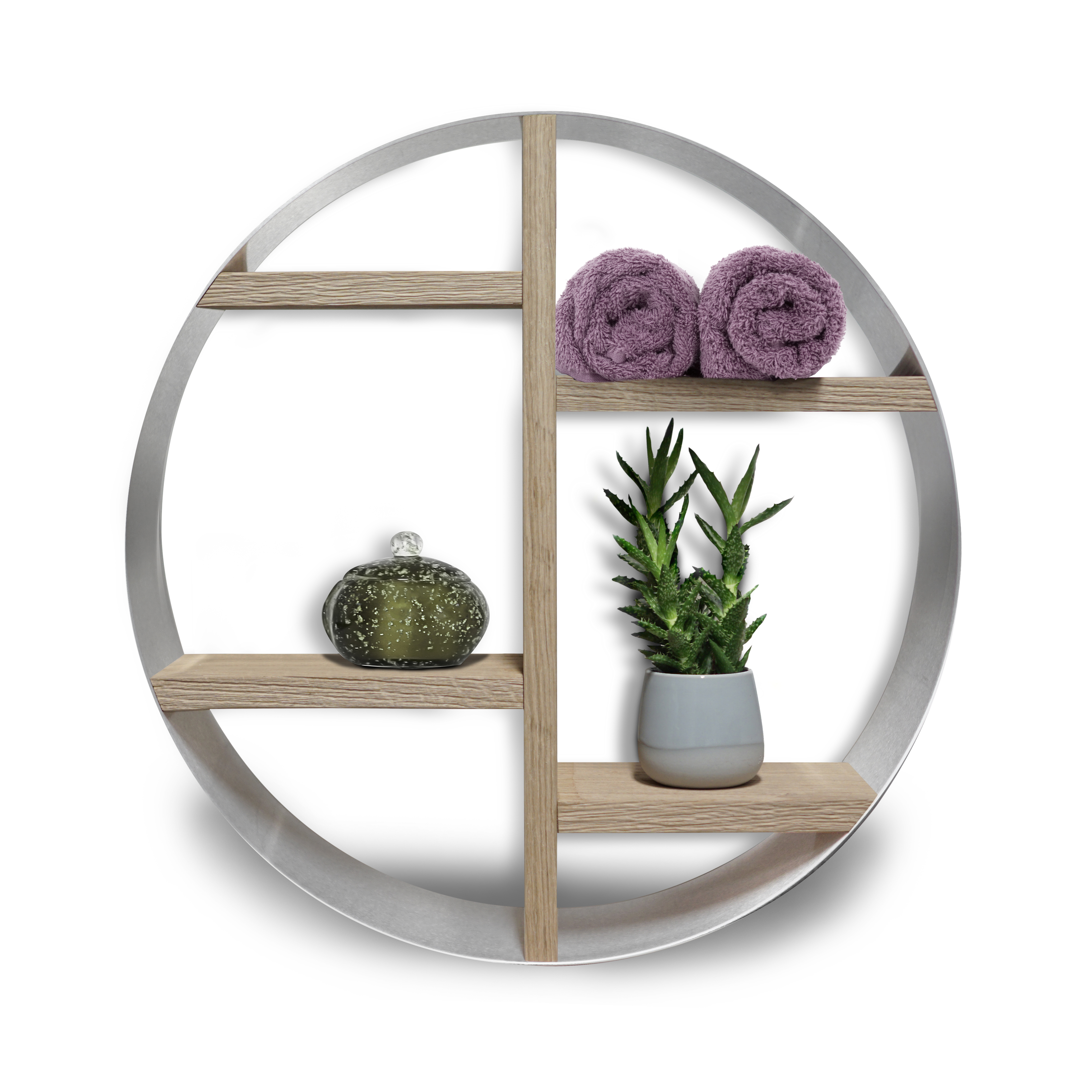 Looox Wooden Box Round 50cm eiken old grey geborsteld RVS WBR500RVS