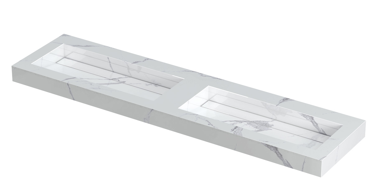 INK Pitch wast. keramische slab bak dubbel m. drain + front + side skirts zonder krgt. H90xB1800xD450 Statuario glans / 210463