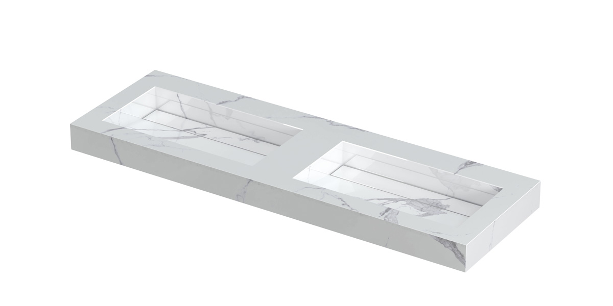 INK Pitch wast. keramische slab bak dubbel m. drain + front + side skirts zonder krgt. H90xB1400xD450 Statuario glans / 210423