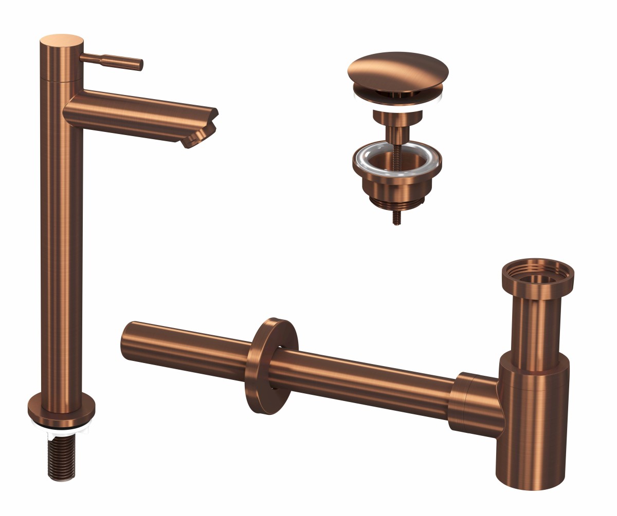 INK set 2A fonteinkraan staand hoog always open plug en design sifon 9902412 mat rose goud