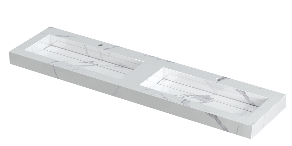 INK Pitch wast. keramische slab bak dubbel m. drain + front + side skirts 2 krgt. H90xB1800xD450 Statuario glans / 210473