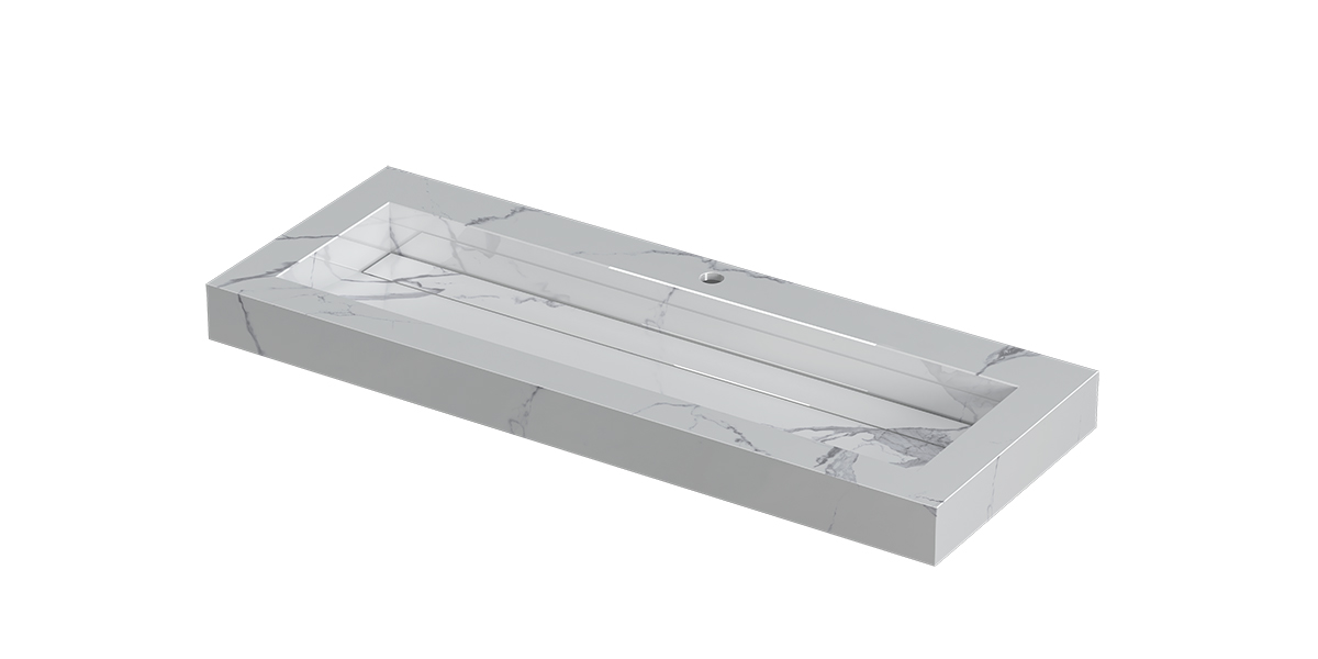 INK Pitch wast. keramische slab centraal m. drain + front + side skirts 1 krgt. H90xB1200xD450 Statuario glans / 210383