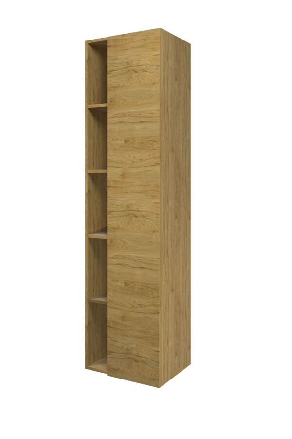 Proline hoge kast 1 deur met 5 schappen en incl. 4 glazen planch. 1228502 Ideal oak H1690xB455xD350