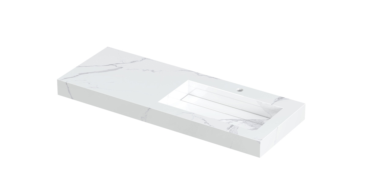 INK Pitch wast. keramische slab R m. drain + front + side skirts 1 krgt. H90xB1200xD450 Statuario glans / 210553