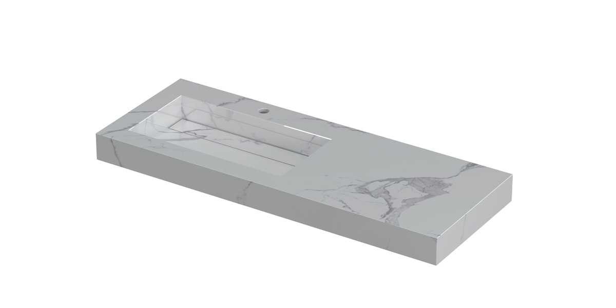 INK Pitch wast. keramische slab L m. drain + front + side skirts 1 krgt. H90xB1200xD450 Statuario glans / 210533