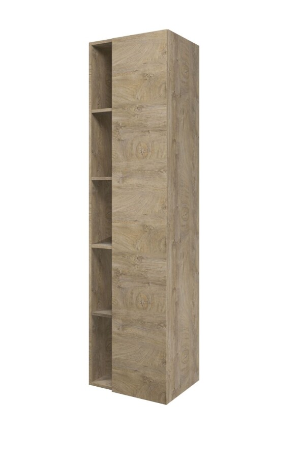 Proline hoge kast 1 deur met 5 schappen en incl. 4 glazen planch. 1228501 Raw oak H1690xB455xD350