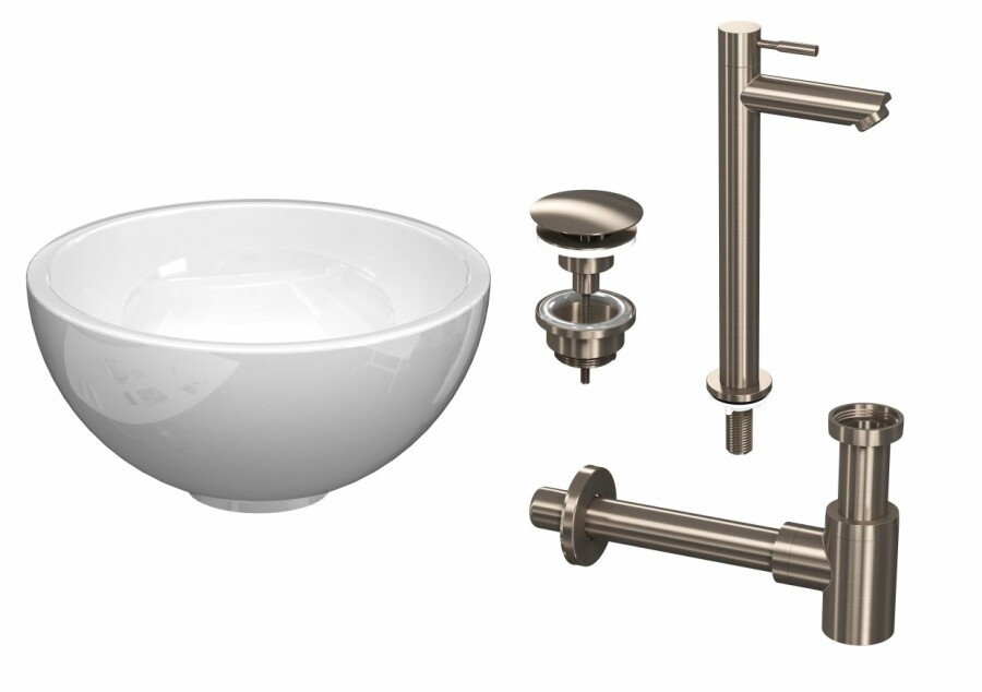 Proline pack kom porselein kraan hoog model sifon + plug H120xB240xD240 Glans wit/Brushed nickel / 1805255