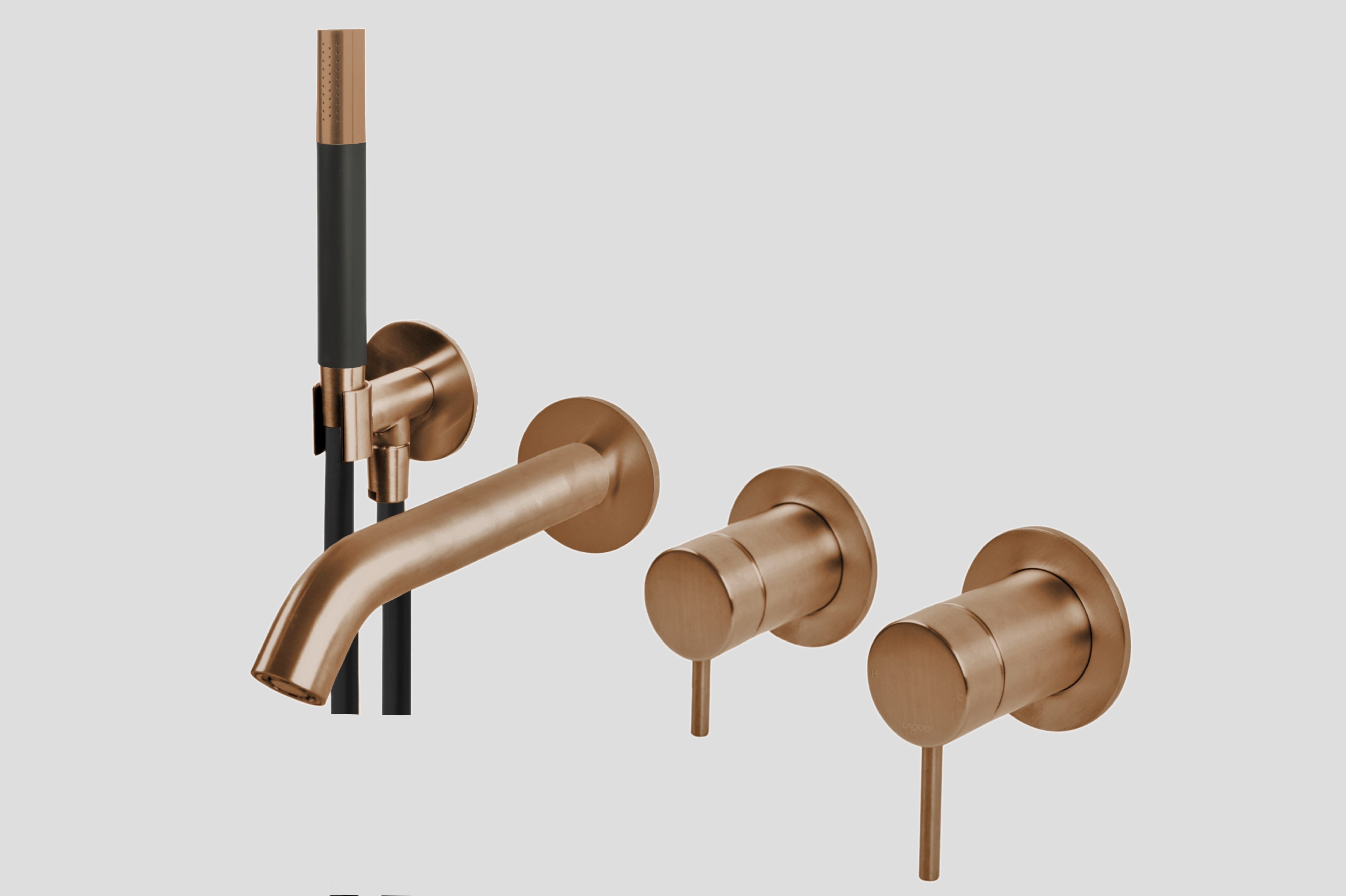 Lagoo Garda inbouw douche/badmengkraan afb.deel met omstel handd. staaf en doucheslang G3206BK Brushed Copper PVD