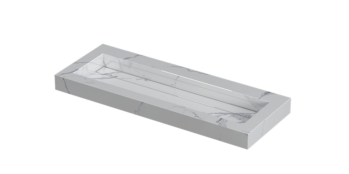 INK Pitch wast. keramische slab centraal m. drain + front + side skirts zonder krgt. H90xB1200xD450 Statuario glans / 210373