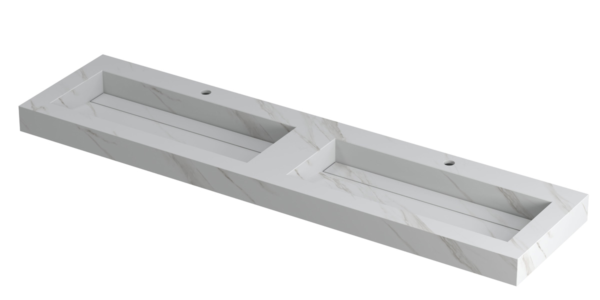 INK Pitch wast. keramische slab bak dubbel m. drain + front + side skirts 2 krgt. H90xB1800xD450 Calacatta mat / 210470