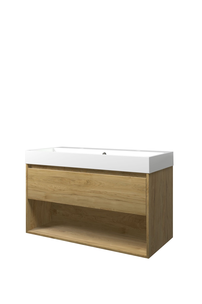 Proline set polystone Loft wast. met 2 krgt. en onderk. met schap 1816702 Ideal oak/Glans wit H620xB1000xD460