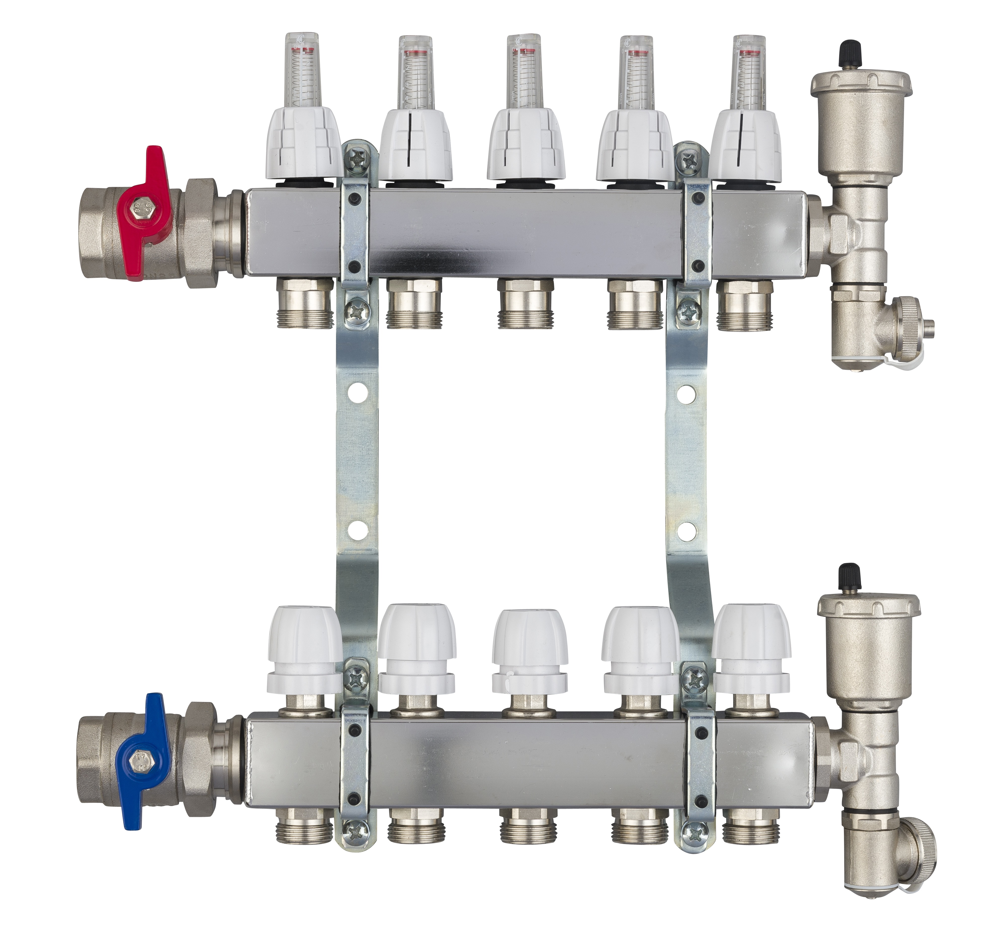 RVS verdeler zonder pomp 4-groeps m. kogelkraan en flowmeter RVS04