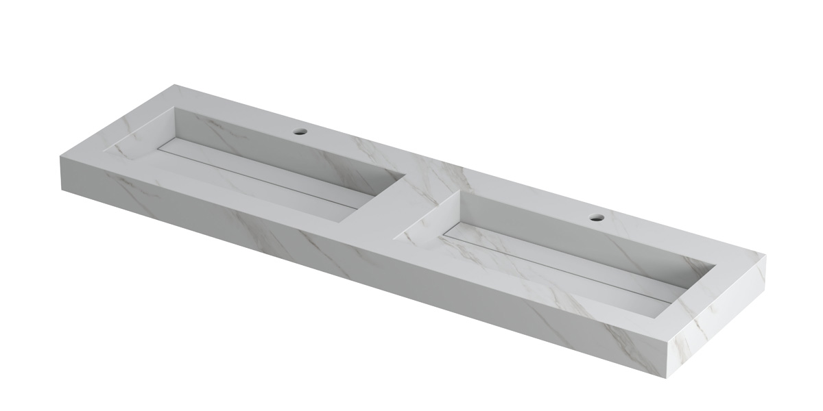 INK Pitch wast. keramische slab bak dubbel m. drain + front + side skirts 2 krgt. H90xB1600xD450 Calacatta mat / 210450