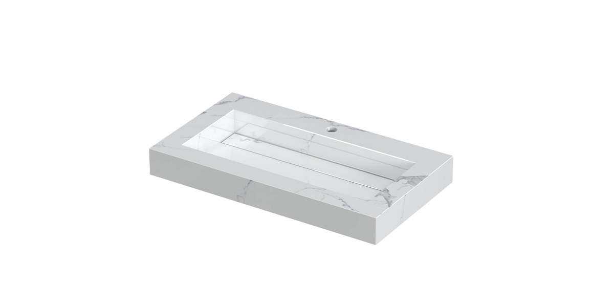 INK Pitch wast. keramische slab bak m. drain + front + side skirts 1 krgt. H90xB800xD450 Statuario glans / 210333