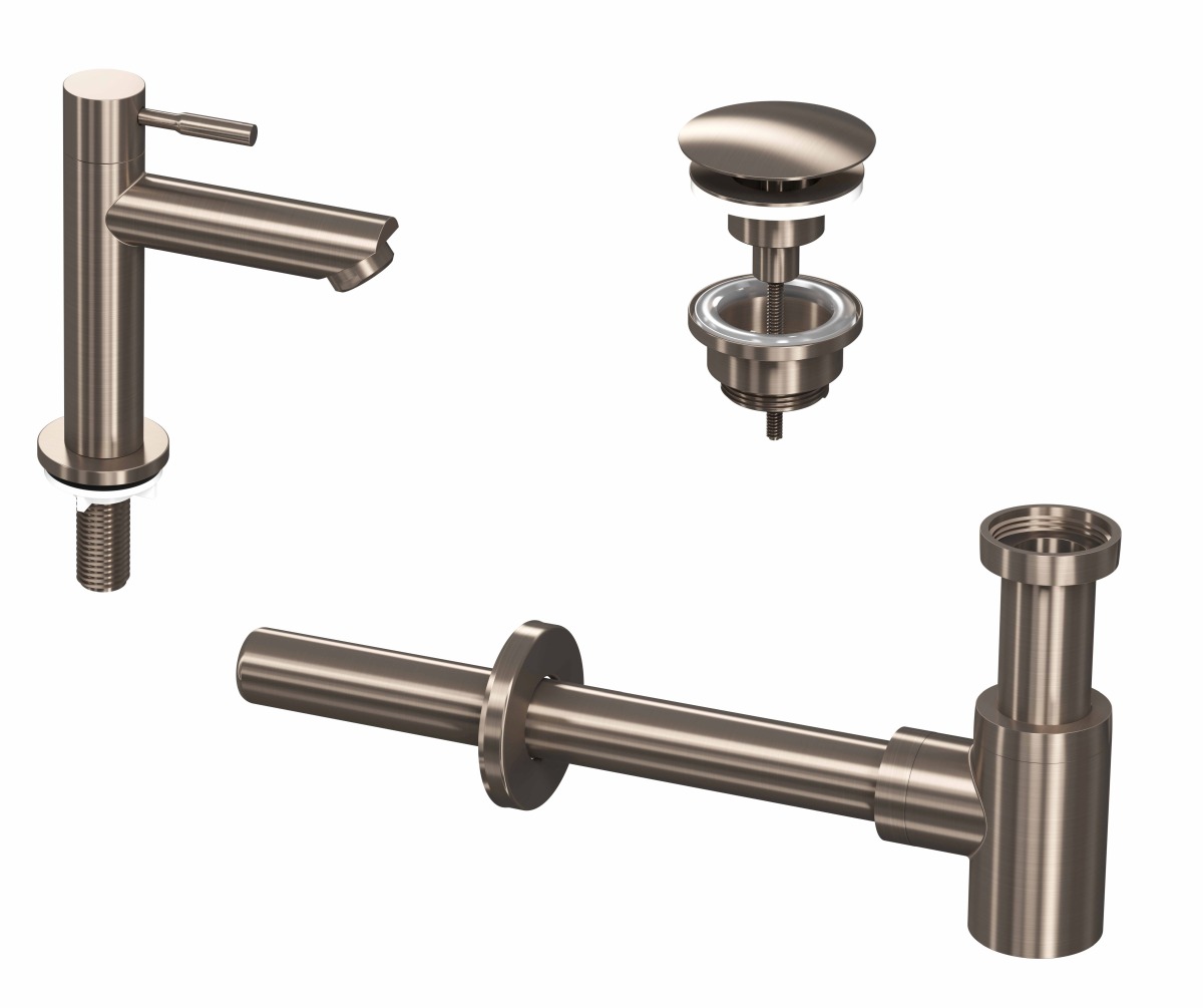 INK set 1A fonteinkraan staand laag always open plug en design sifon 9902405 Brushed nickel