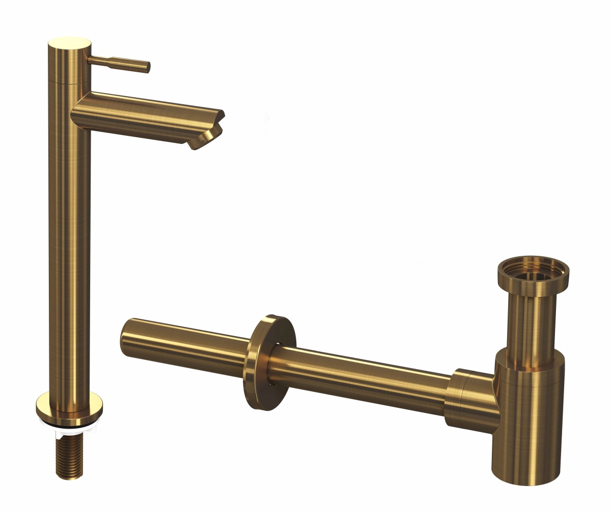 INK set 2B fonteinkraan staand hoog en design sifon 9902443 Brushed mat goud