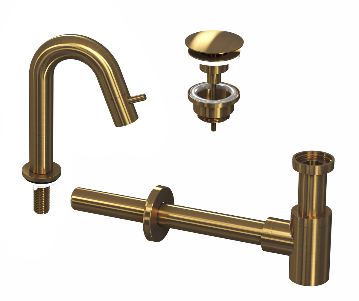 INK Combi 4A fonteinkraan staand gebogen laag m. open plug Brushed mat goud / 9902463