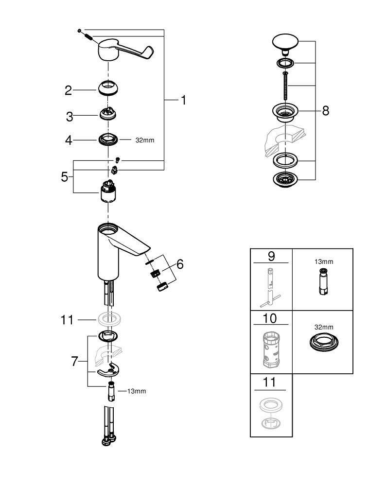 Grohe Eurosmart wastafelmengkraan M-size verlengde greep Gladde Body 23983003