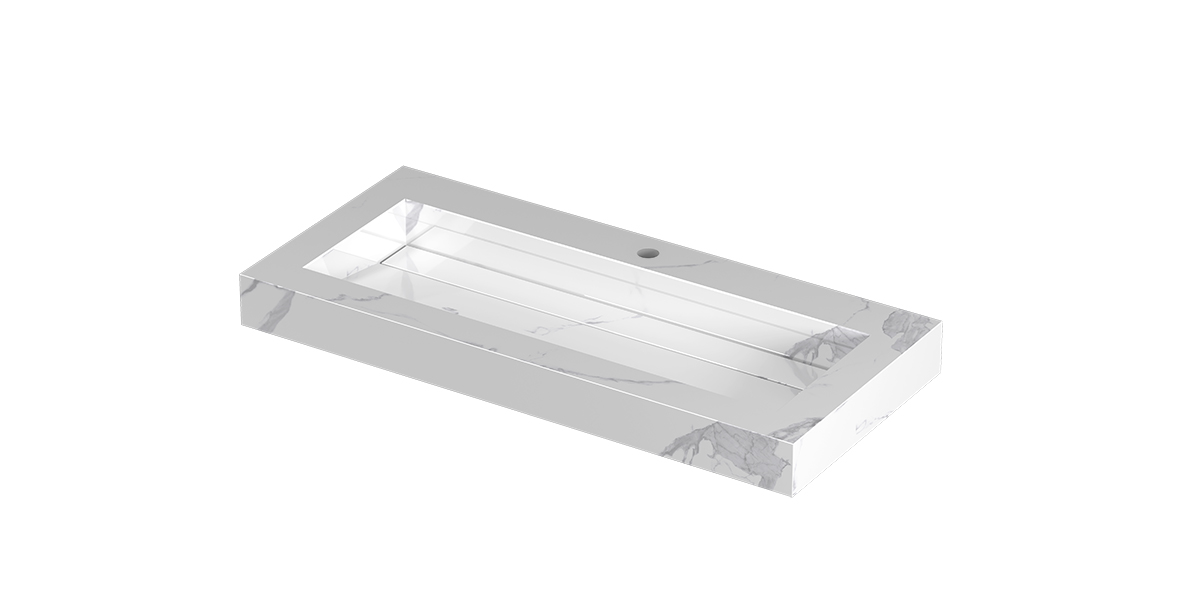 INK Pitch wast. keramische slab centraal m. drain + front + side skirts 1 krgt. H90xB1000xD450 Statuario glans / 210353