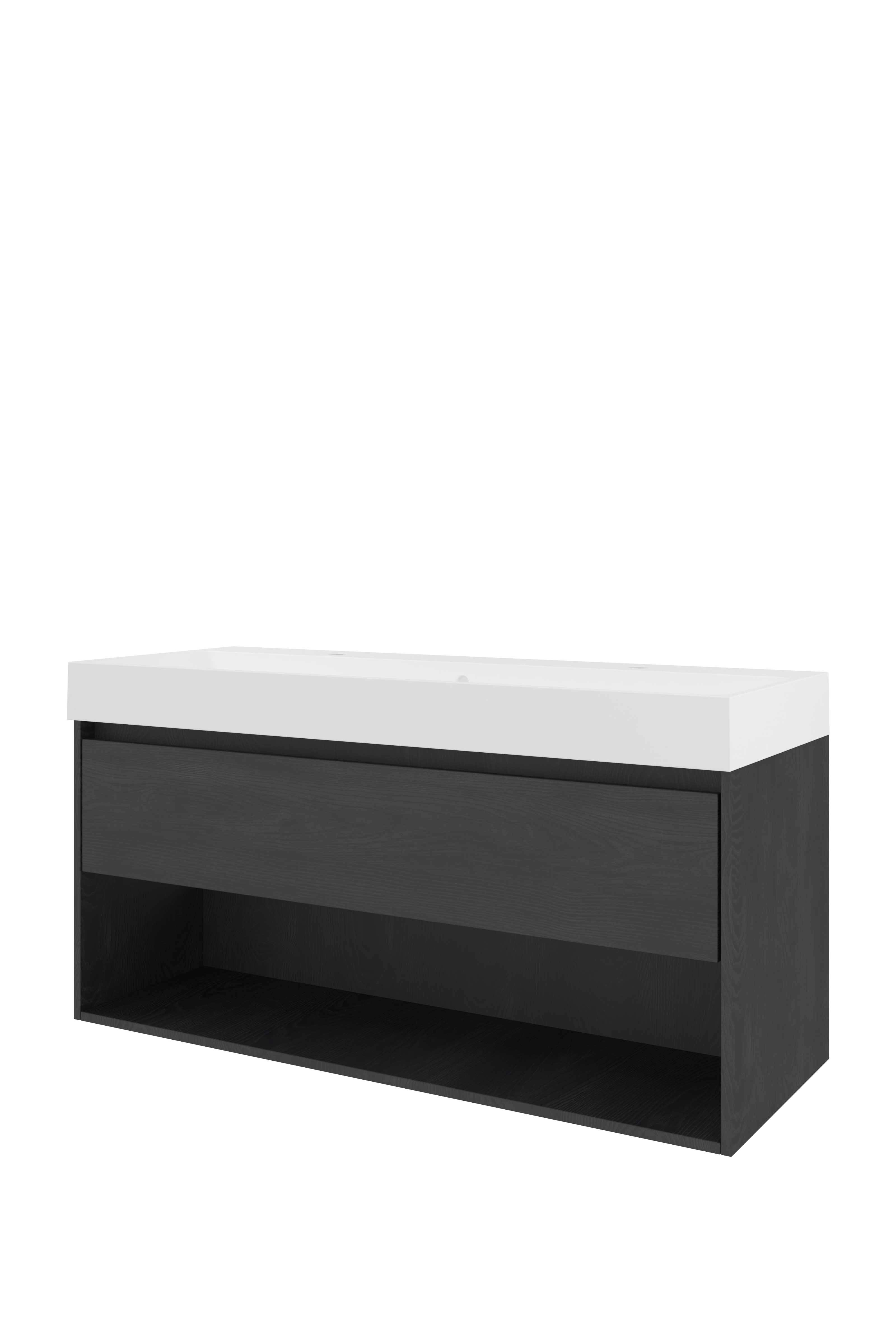 Proline Set polystone Loft wast. met 2 kr.gaten en onderkast met schap 1816794 Black oak/Mat wit 1200x460x620