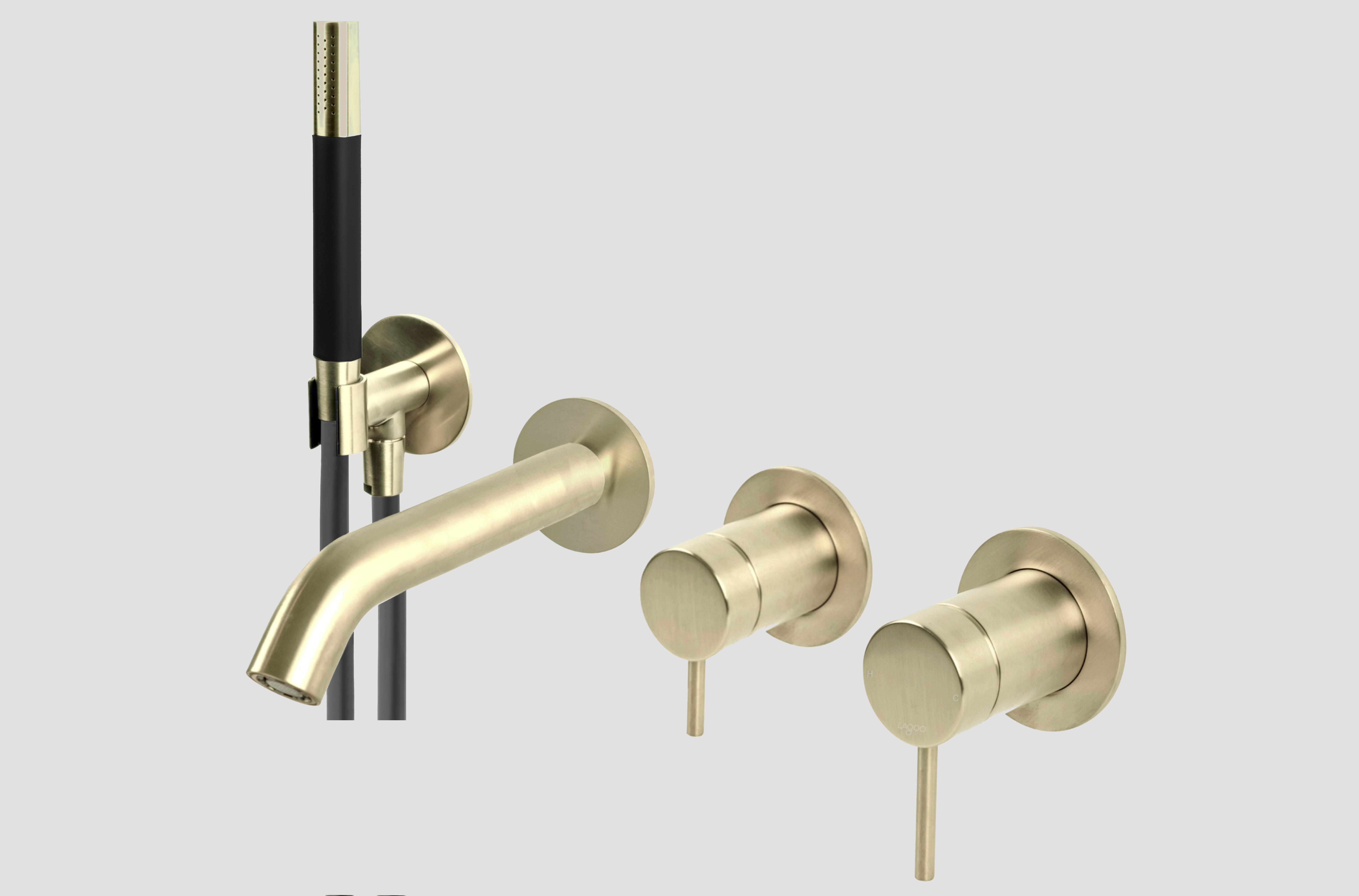 Lagoo Garda Inbouw douche/badmengkraan afbouwdeel m. omstel handdouche staaf en doucheslang G3206PG Brushed Champagne PVD