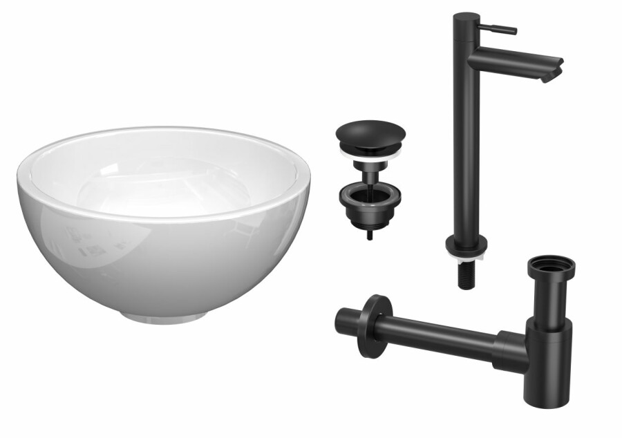 Proline pack kom porselein kraan hoog model sifon + plug H120xB240xD240 Glans wit/Mat zwart / 1805254