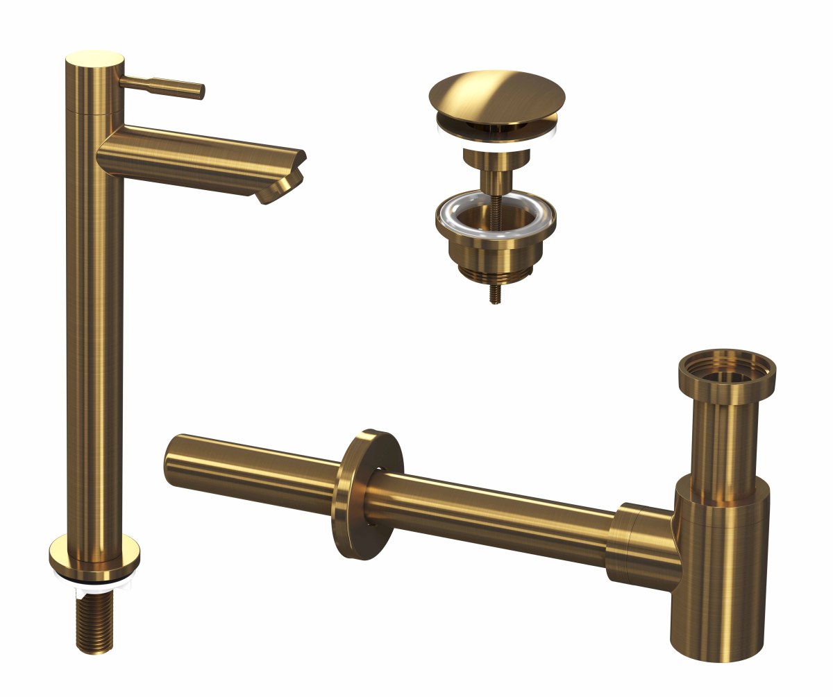 INK set 2A fonteinkraan staand hoog always open plug en design sifon 9902413 Brushed mat goud