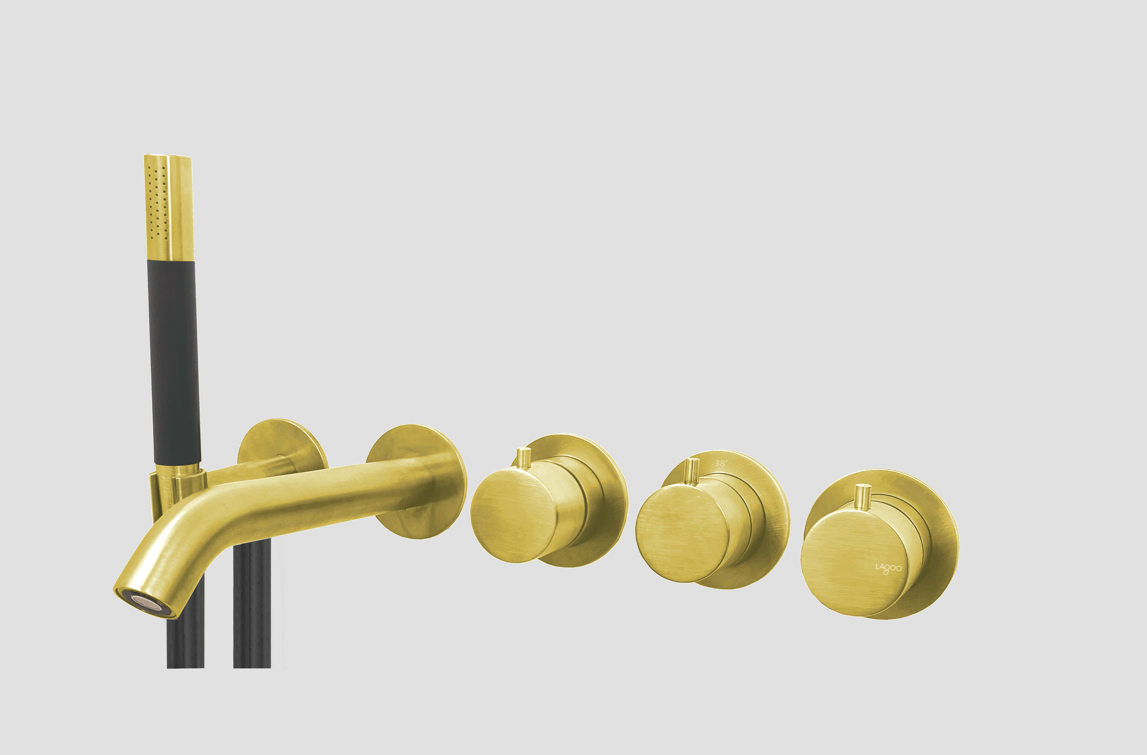 Lagoo inbouw bad thermostaat Tripple7  met uitloop. 2-weg omstel en handdouche G3207BB Brushed Brass PVD