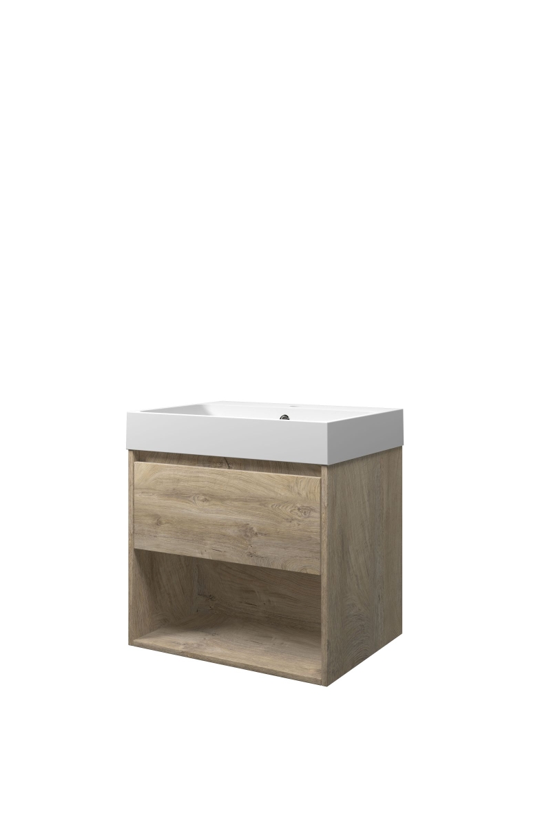 Proline set polystone Loft wast. met 1 krgt. en onderk. met schap 1816631 Raw oak/Mat wit H620xB600xD460