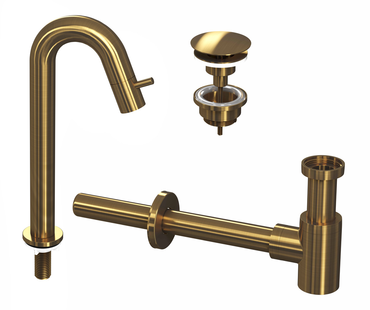 INK Combi 5A fonteinkraan staand gebogen hoog m. open plug Brushed mat goud / 9902483