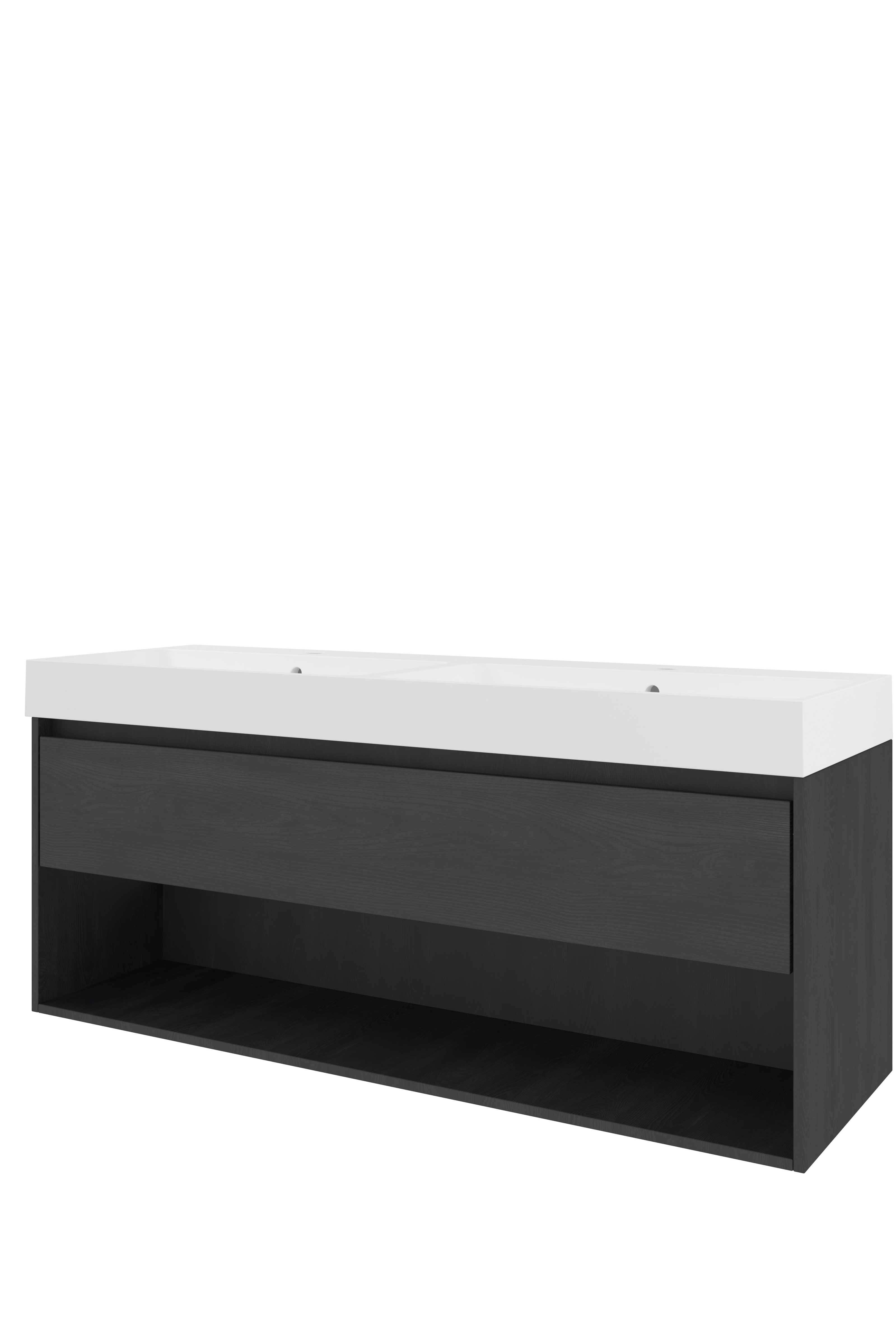Proline Set polystone Loft wast. met 2 kr.gaten en onderkast met schap 1817664 Black oak/Mat wit 1400x460x620