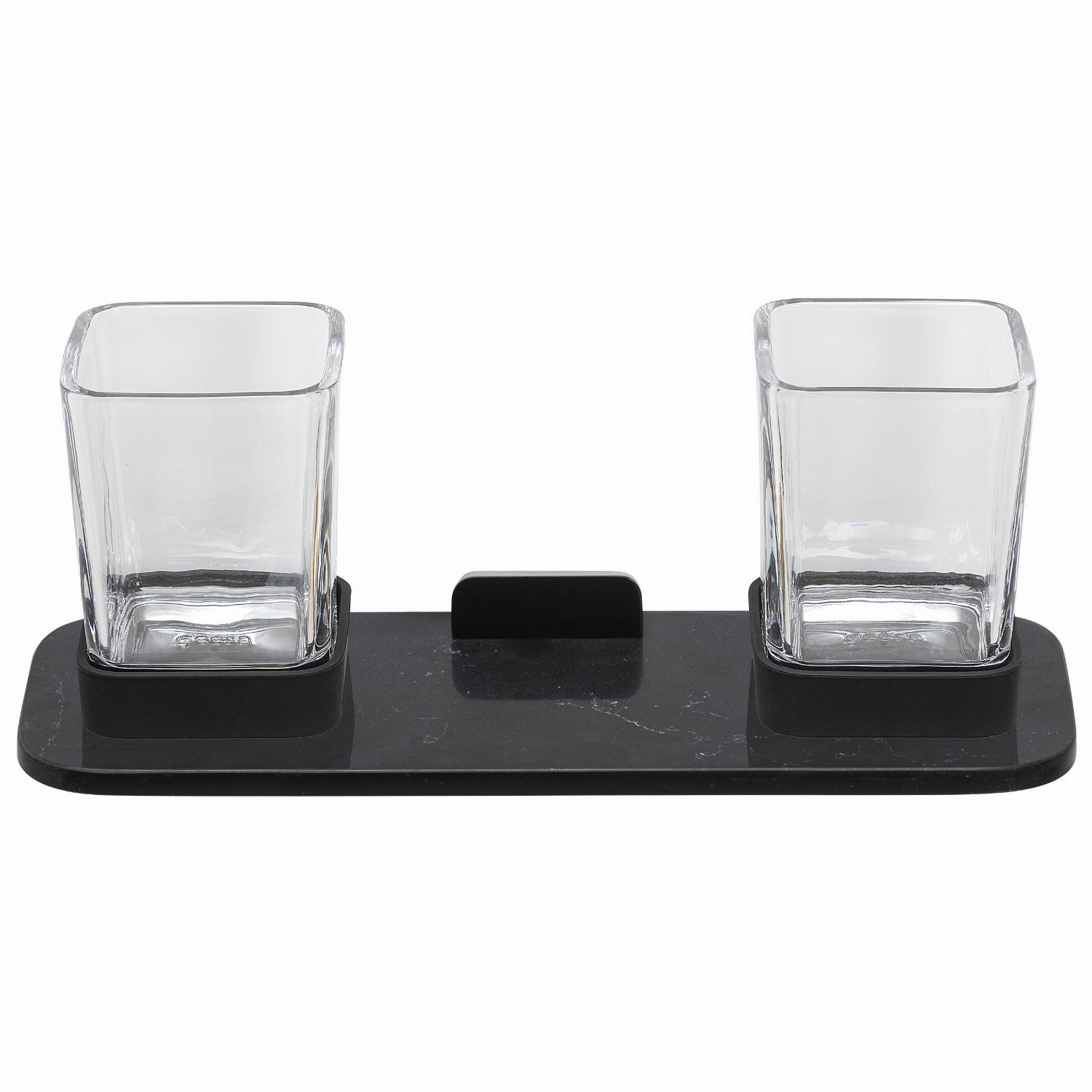 Geesa Shift glashouder dubbel zwart met planchet van matzwarte marmerlook 919934-06-M6