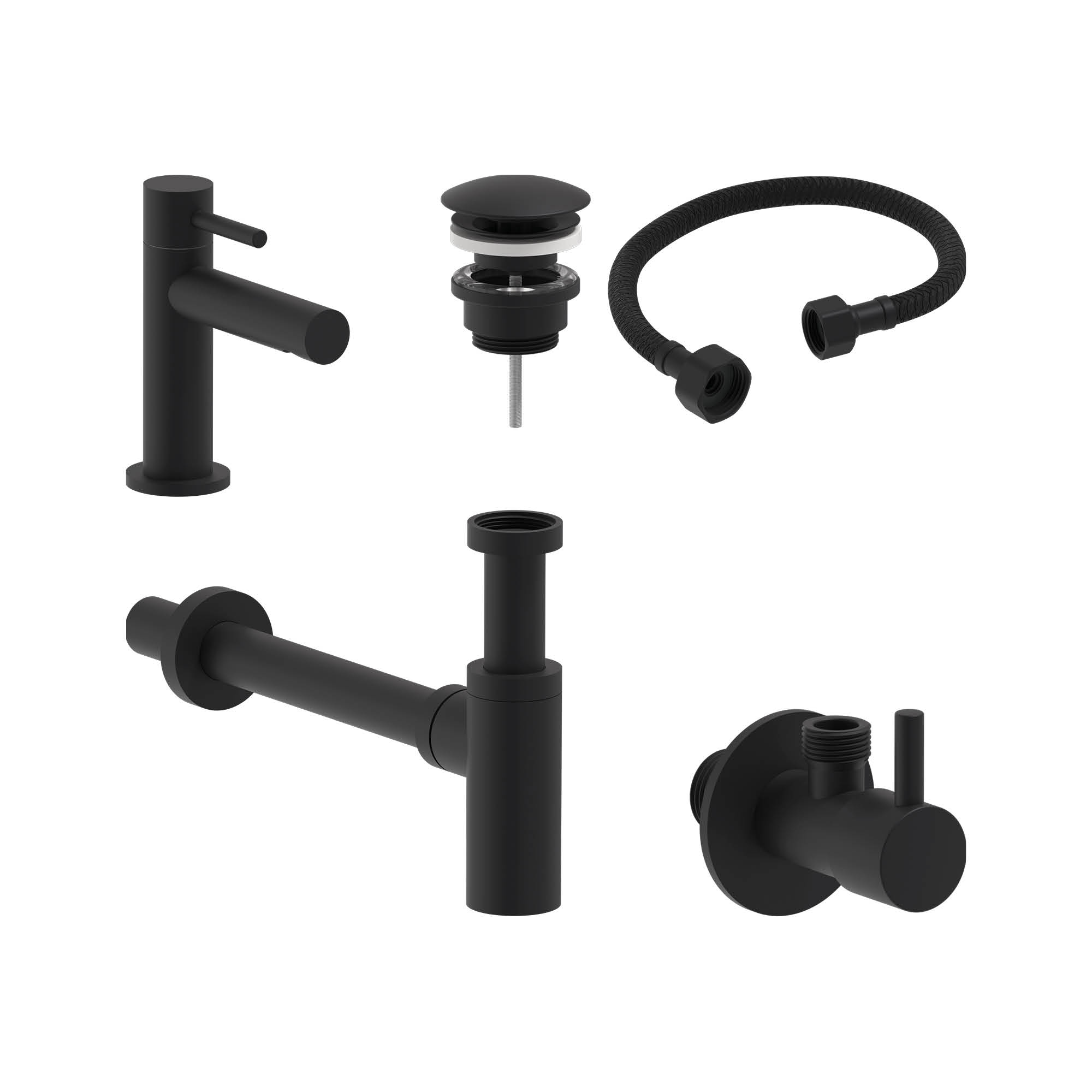 MAY Stilo set Fonteinkraan model S plug always open sifon en hoekstopkraan 6803602 Mat zwart PED