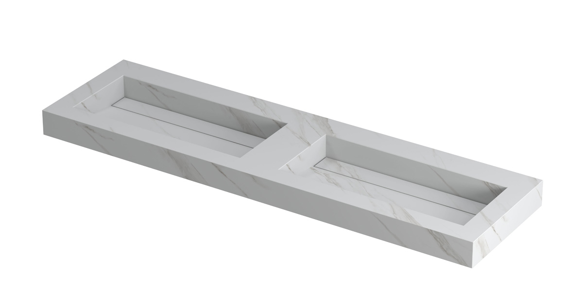 INK Pitch wast. keramische slab bak dubbel m. drain + front + side skirts zonder krgt. H90xB1600xD450 Calacatta mat / 210440