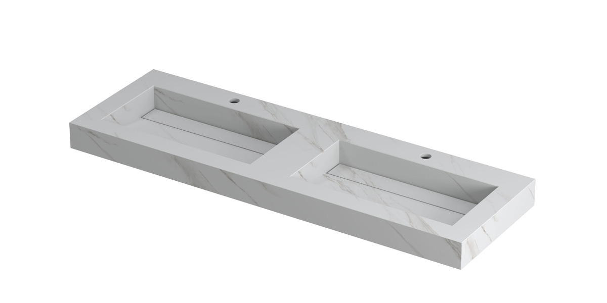 INK Pitch wast. keramische slab bak dubbel m. drain + front + side skirts 2 krgt. H90xB1400xD450 Calacatta mat / 210430