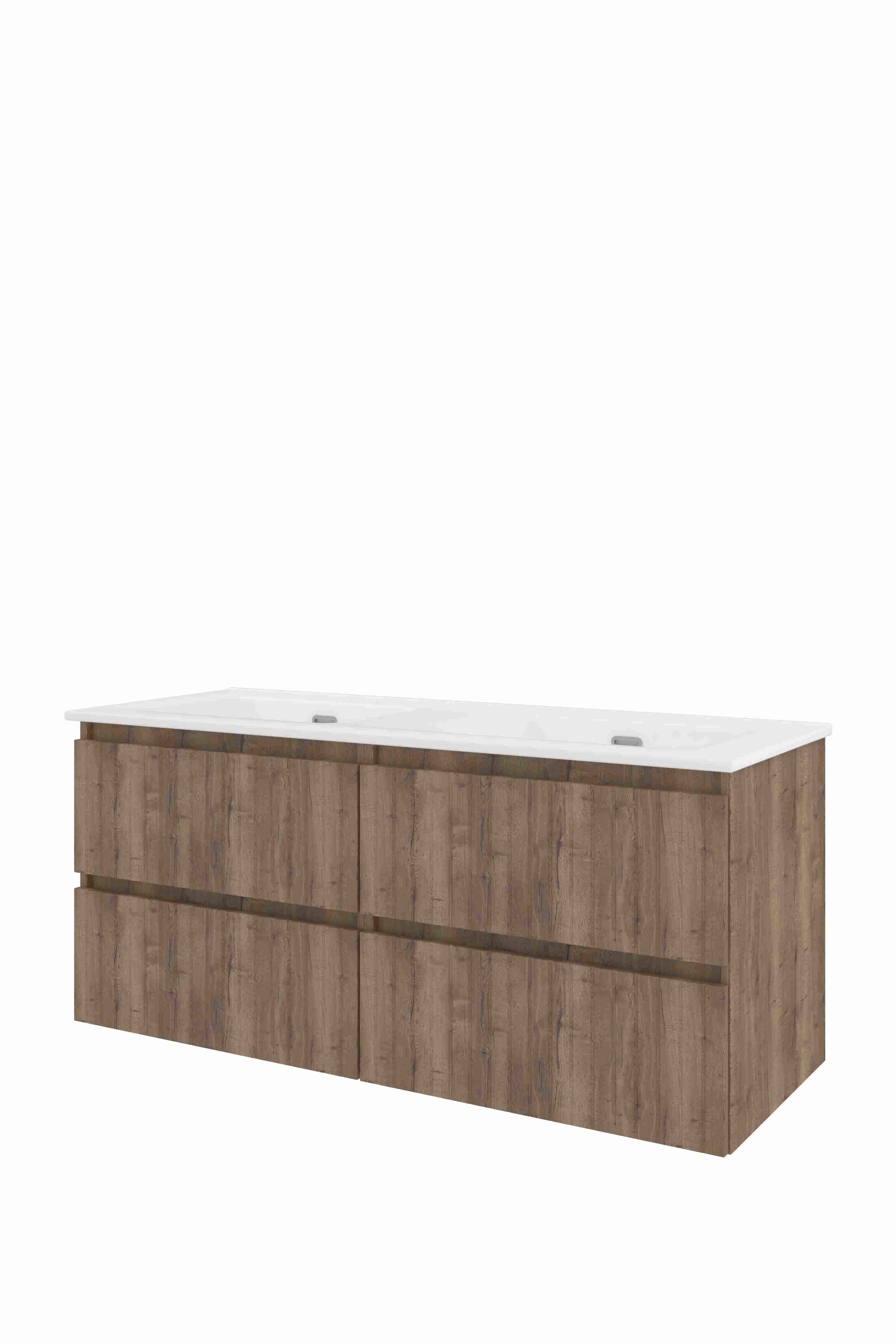 Proline Set porselein Elegant wast. dubbel z. kr.gaten en onderkast 4 laden sym. gefr. 1818083 Terra oak/Glans wit 1200x460x540