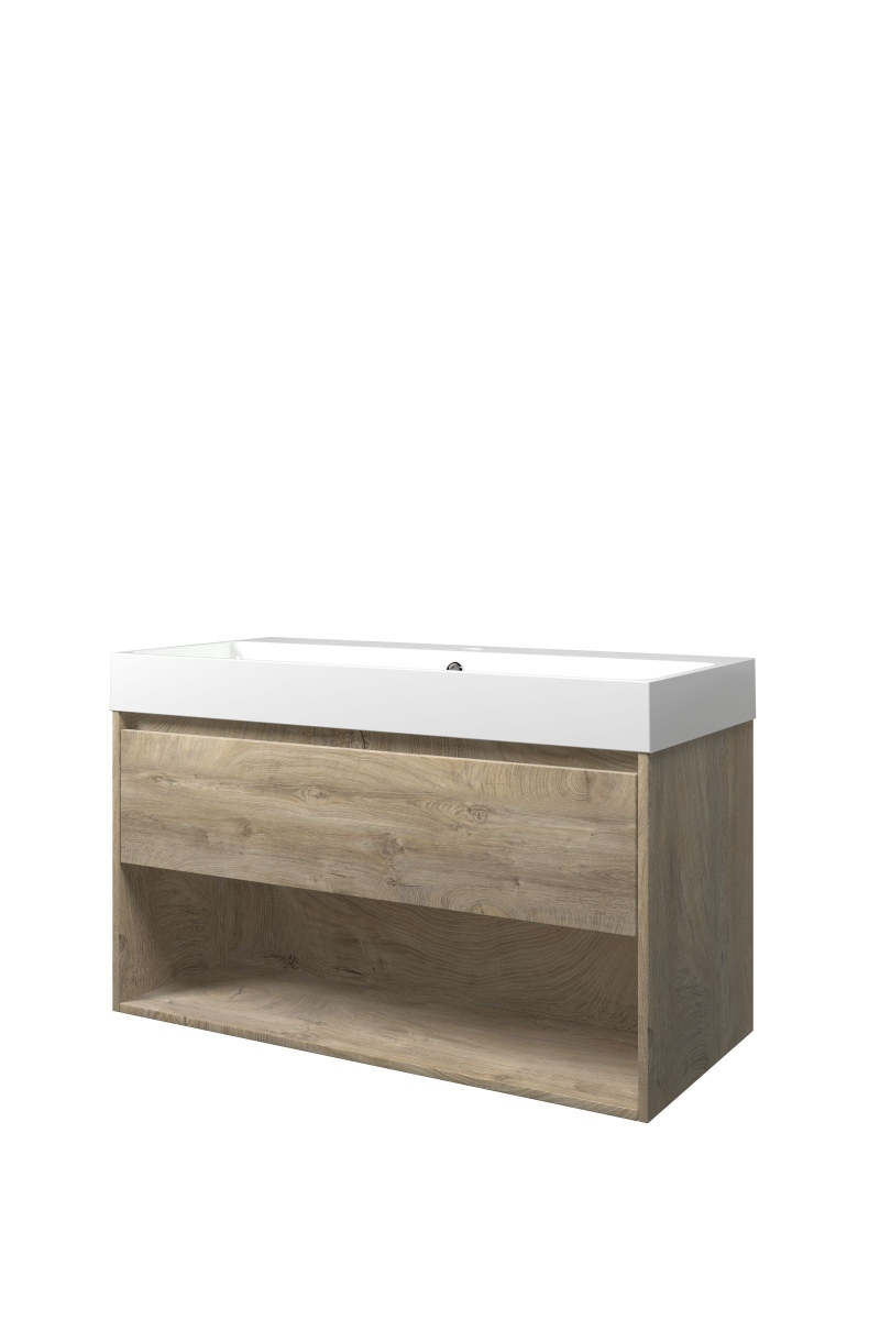 Proline set polystone Loft wast. met 1 krgt. en onderk. met schap 1816691 Raw oak/Glans wit H620xB1000xD460