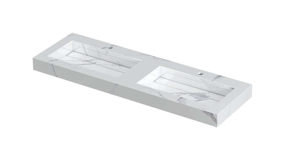 INK Pitch wast. keramische slab bak dubbel m. drain + front + side skirts 2 krgt. H90xB1400xD450 Statuario glans / 210433