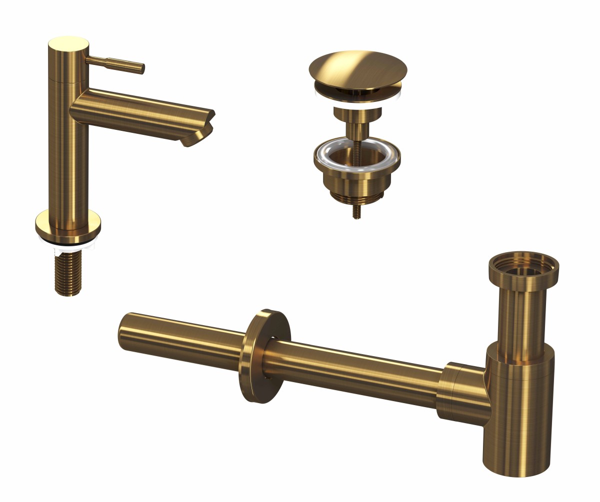 INK 1A fonteinkraan staand laag always open plug en design sifon 9902403 Brushed mat goud