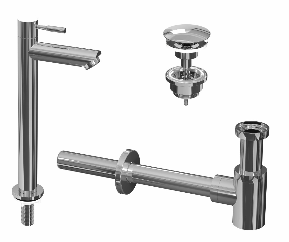 INK set 2A fonteinkraan staand hoog always open plug en design sifon 9902410 Chroom