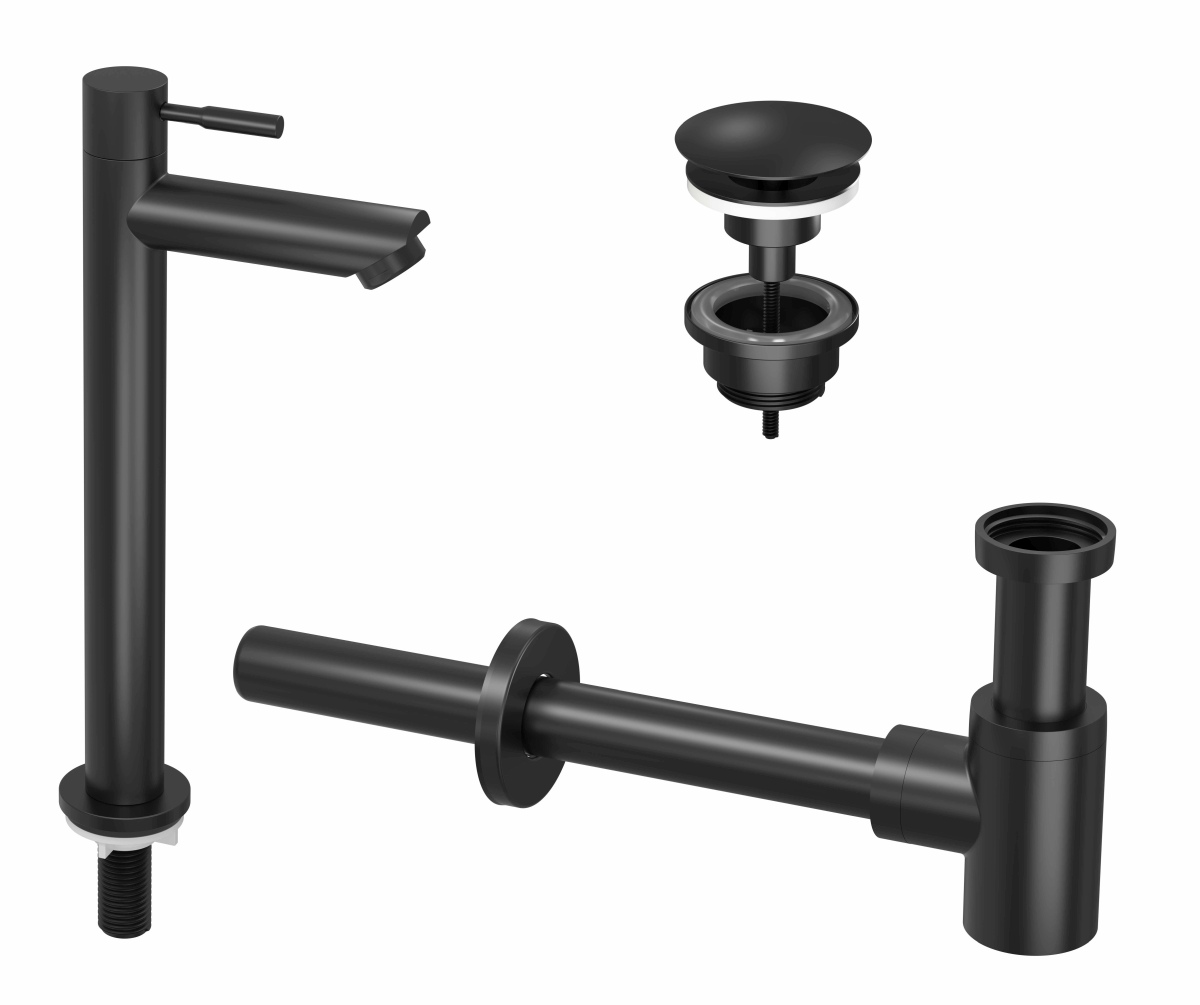 INK set 2A fonteinkraan staand hoog always open plug en design sifon 9902411 m. zwart