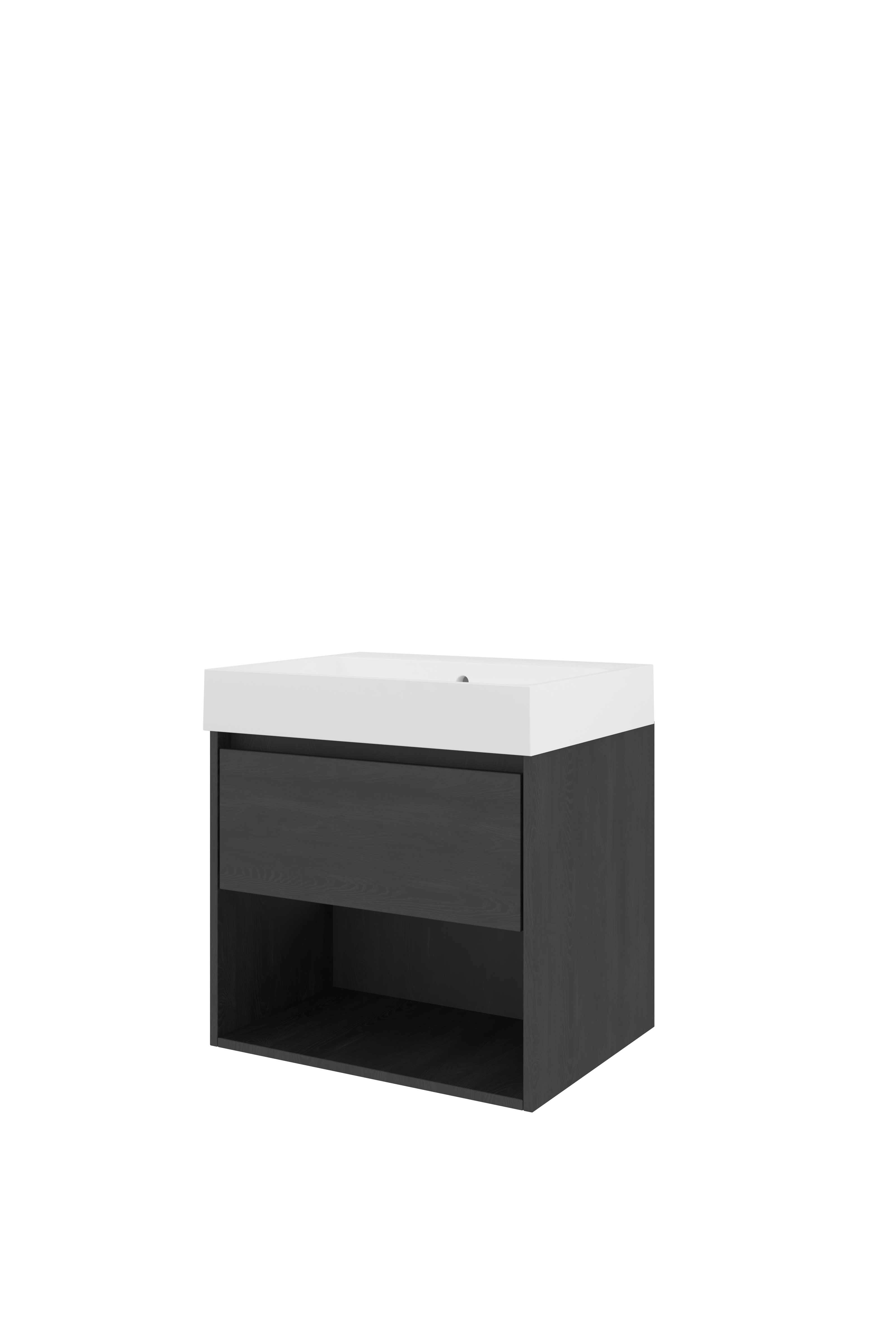 Proline Set polystone Loft wast. z. krgt. en onderkast met schap 1816624 Black oak/Mat wit 600x460x620