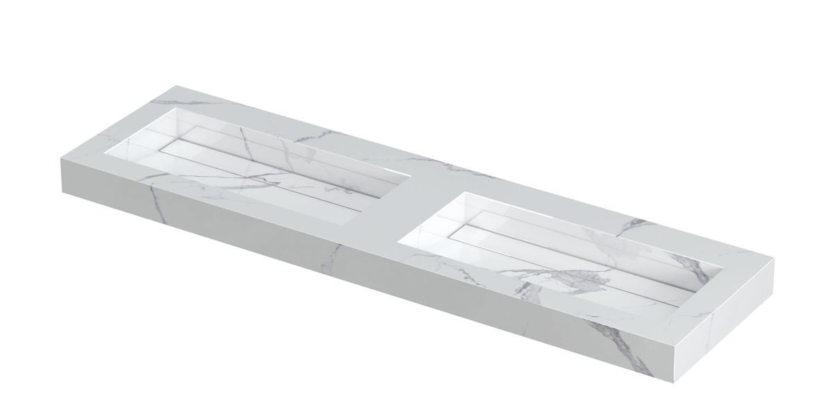 INK Pitch wast. keramische slab bak dubbel m. drain + front + side skirts zonder krgt. H90xB1600xD450 Statuario glans / 210443